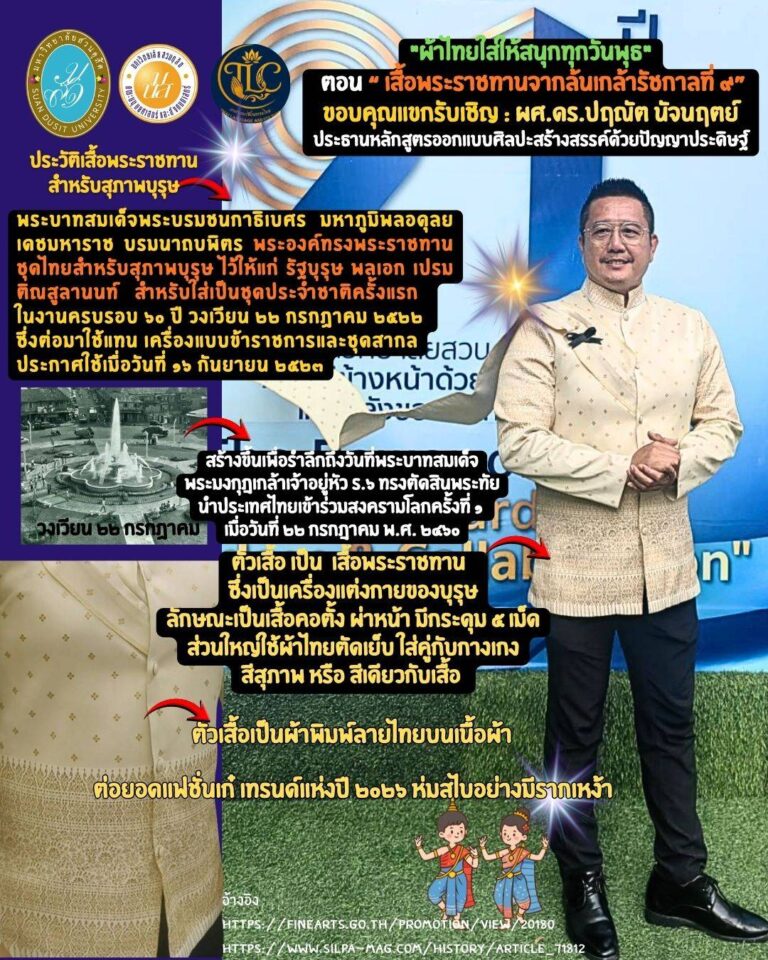 “ผ้าไทยใส่ให้สนุกทุกวันพุธ”ตอน “ เสื้อพระราชทานจากล้นเกล้ารัชกาลที่ ๙”ขอบคุณแขกรับเชิญ :ผศ.ดร.ปฤณัต นัจนฤตย์ประธานหลักสูตรออกแบบศิลปะสร้างสรรค์ด้วยปัญญาประดิษฐ์